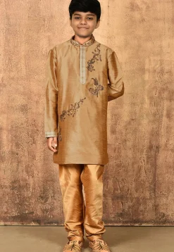 Hand Embroidered Dupion Silk Kurta in Beige