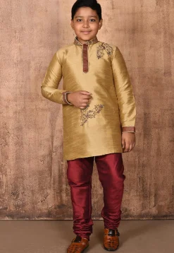 Hand Embroidered Dupion Silk Kurta Set in Beige