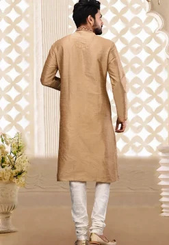 Hand Embroidered Dupion Silk Kurta Set in Beige