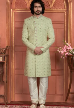 Hand Embroidered Georgette Sherwani in Light Green