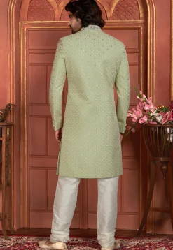 Hand Embroidered Georgette Sherwani in Light Green
