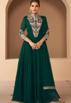 Hand Embroidered Georgette Abaya Style Suit in Teal Green