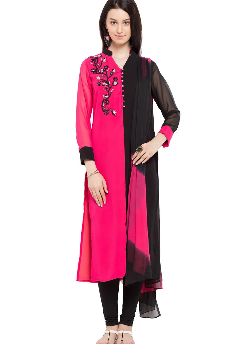 Hand Embroidered Georgette Straight Suit in Pink