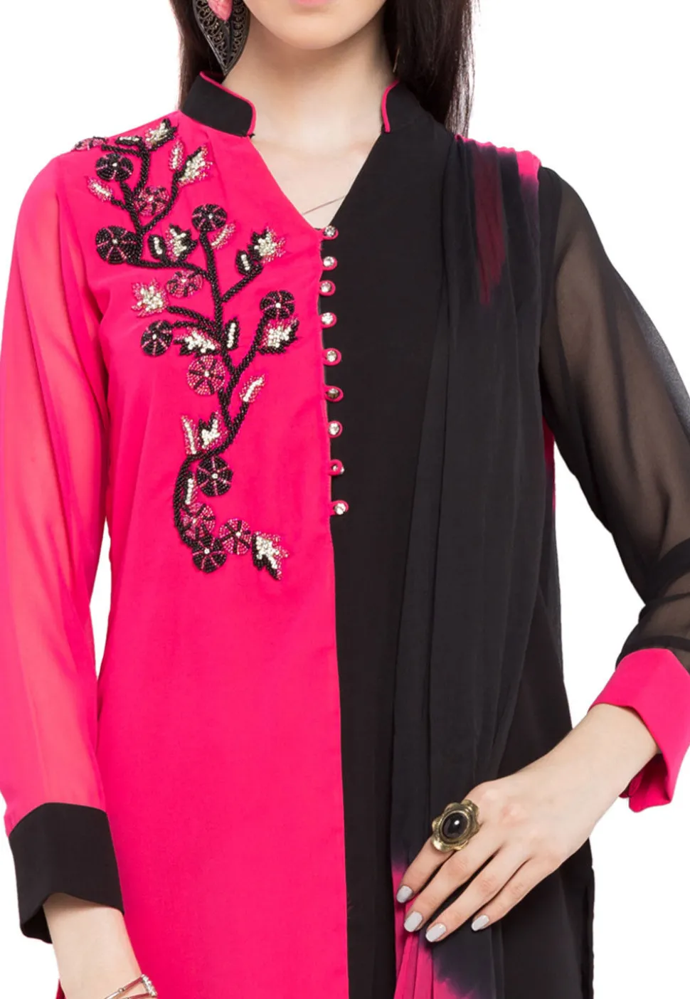Hand Embroidered Georgette Straight Suit in Pink