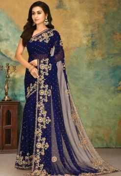 Hand Embroidered Georgette Saree in Navy Blue