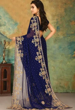 Hand Embroidered Georgette Saree in Navy Blue