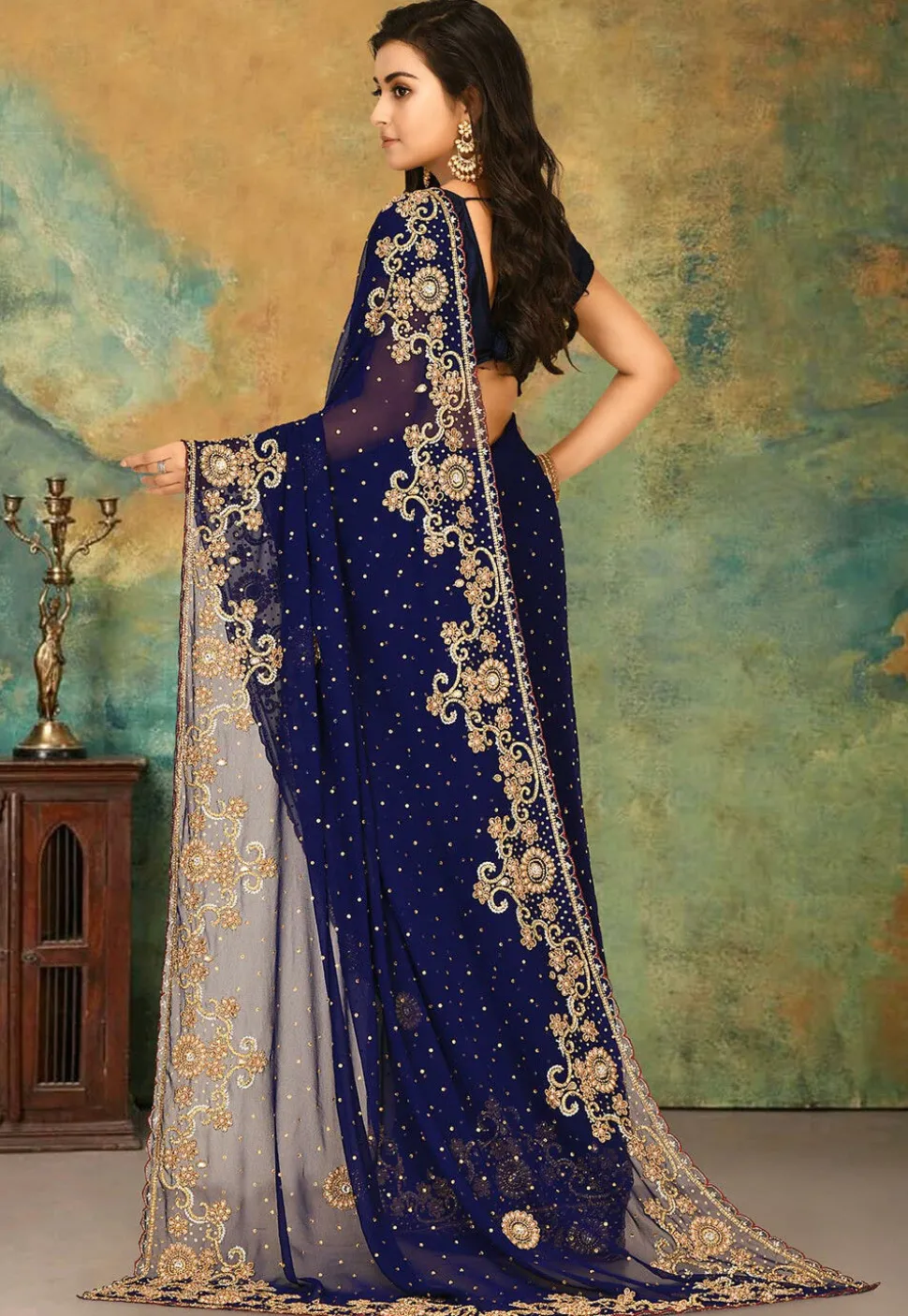 Hand Embroidered Georgette Saree in Navy Blue