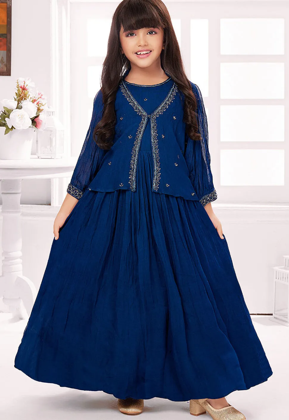 Hand Embroidered Georgette Gown in Blue