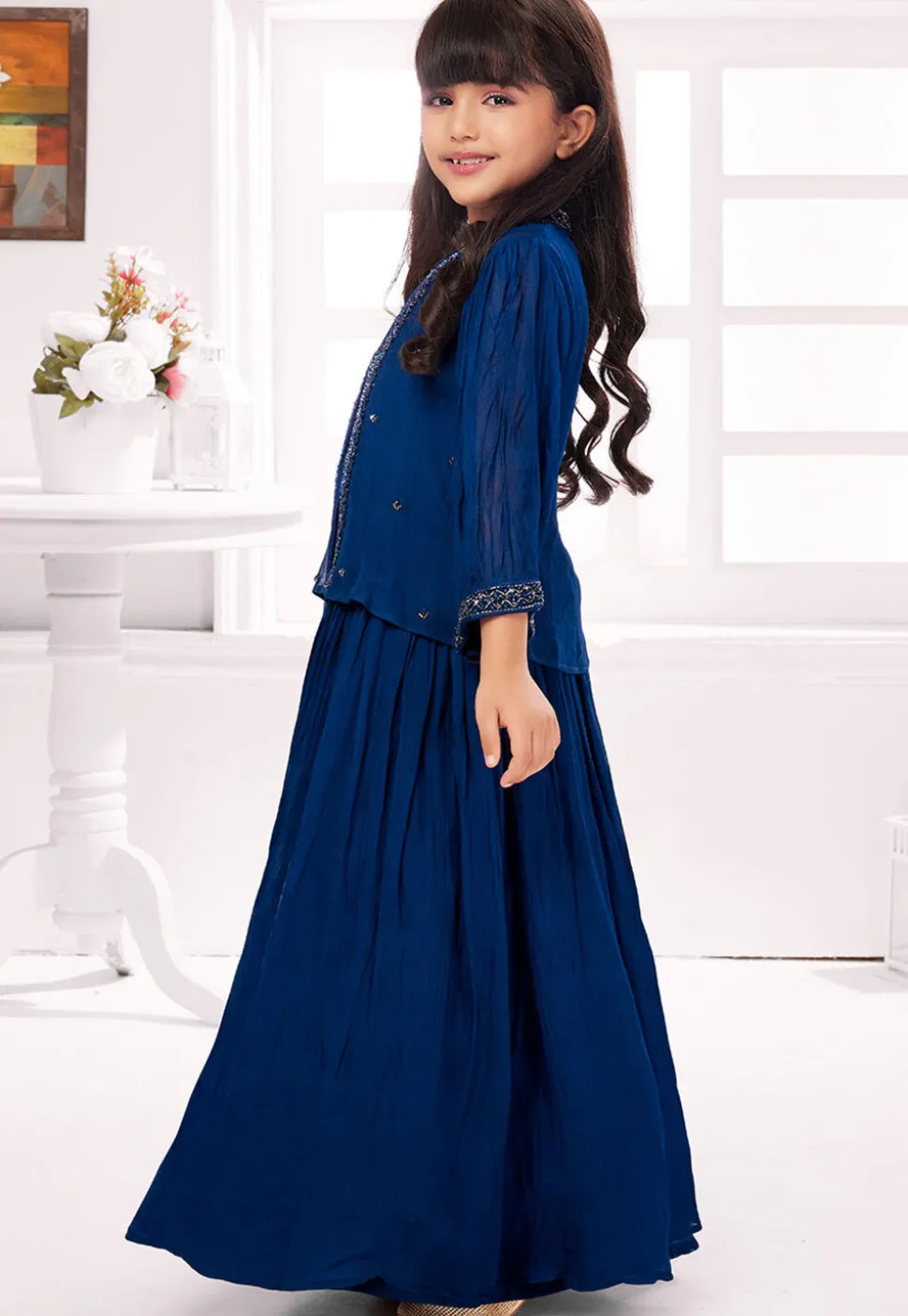 Hand Embroidered Georgette Gown in Blue