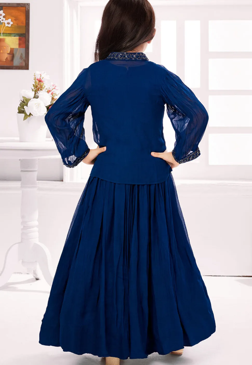 Hand Embroidered Georgette Gown in Blue