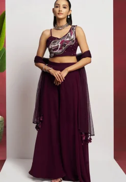 Hand Embroidered Georgette Crop Top Set in Purple