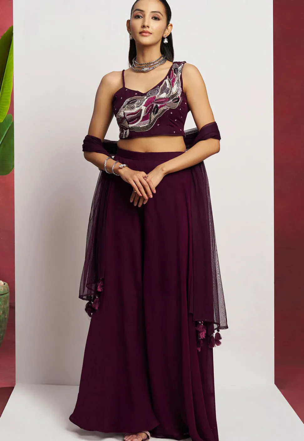Hand Embroidered Georgette Crop Top Set in Purple