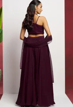 Hand Embroidered Georgette Crop Top Set in Purple