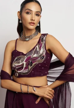 Hand Embroidered Georgette Crop Top Set in Purple
