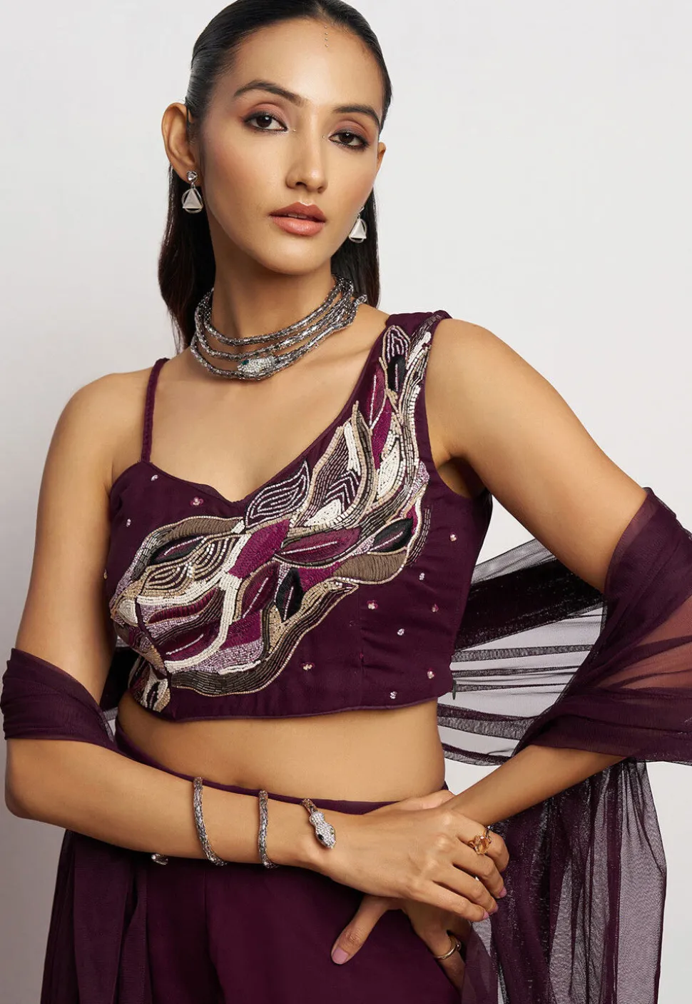 Hand Embroidered Georgette Crop Top Set in Purple