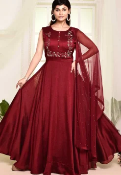 Hand Embroidered Georgette Silk Abaya Style Suit in Maroon