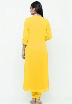 Hand Embroidered Georgette Straight Suit in Mustard