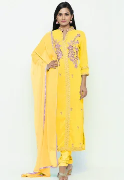 Hand Embroidered Georgette Straight Suit in Mustard