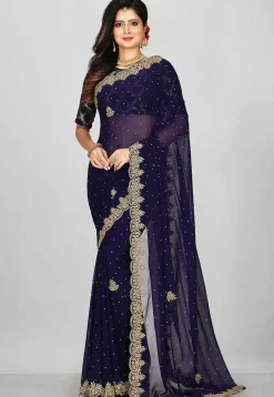 Hand Embroidered Georgette Saree in Navy Blue