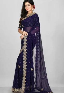 Hand Embroidered Georgette Saree in Navy Blue