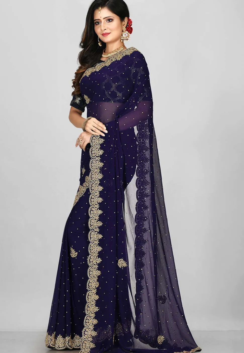 Hand Embroidered Georgette Saree in Navy Blue