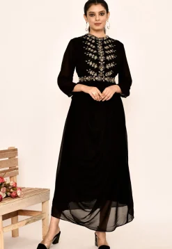Hand Embroidered Georgette Midi Dress in Black