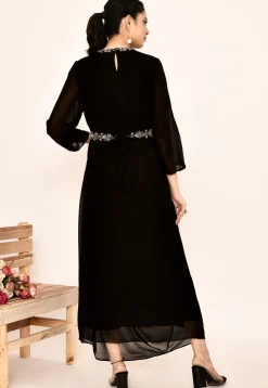 Hand Embroidered Georgette Midi Dress in Black
