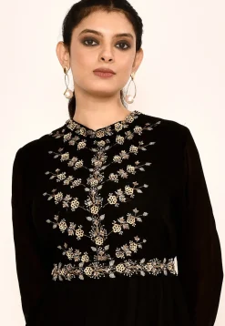 Hand Embroidered Georgette Midi Dress in Black