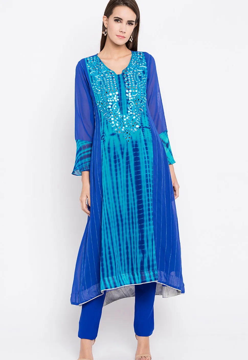 Hand Embroidered Georgette A Line Kurta in Royal Blue