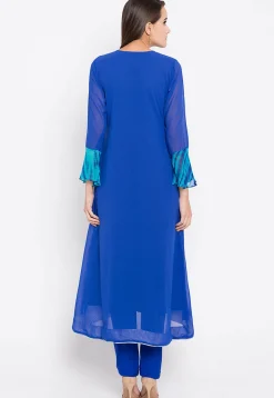 Hand Embroidered Georgette A Line Kurta in Royal Blue