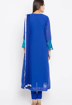 Hand Embroidered Georgette A Line Suit in Royal Blue