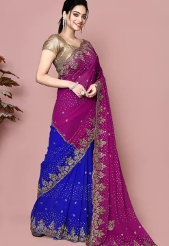 Hand Embroidered Georgette Saree in Dark Pink and Blue