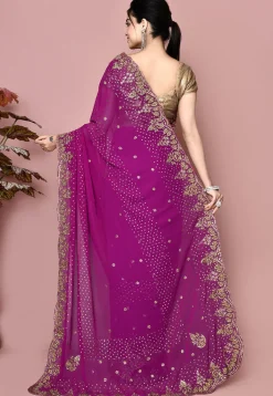 Hand Embroidered Georgette Saree in Dark Pink and Blue