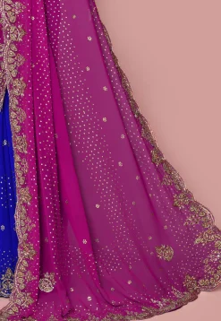 Hand Embroidered Georgette Saree in Dark Pink and Blue