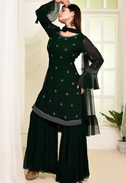 Hand Embroidered Georgette Pakistani Suit in Dark Green