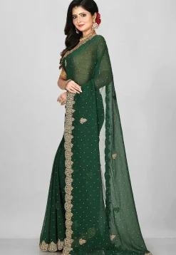 Hand Embroidered Georgette Saree in Dark Green