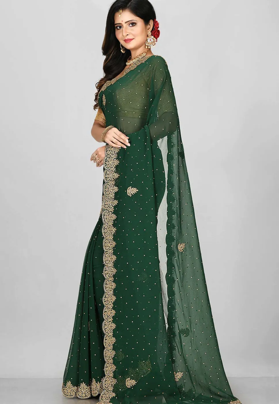 Hand Embroidered Georgette Saree in Dark Green