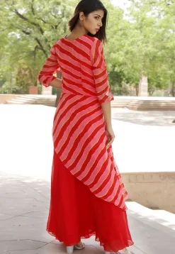 Hand Embroidered Georgette Layered Kurta in Red