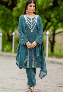 Hand Embroidered Georgette Pakistani Suit in Teal Blue