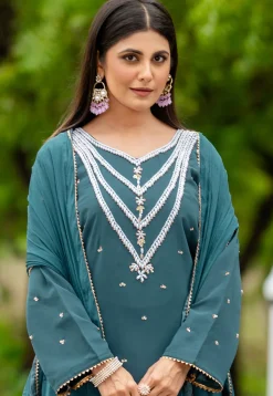 Hand Embroidered Georgette Pakistani Suit in Teal Blue