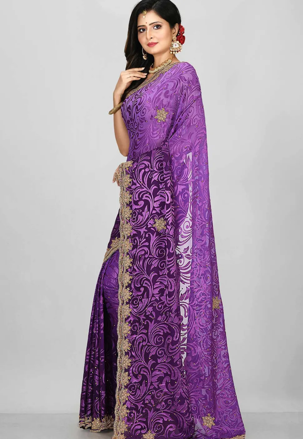 Hand Embroidered Georgette Brasso Saree in Purple