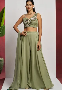 Hand Embroidered Georgette Crop Top Set in Dusty Green