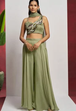 Hand Embroidered Georgette Crop Top Set in Dusty Green