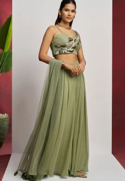 Hand Embroidered Georgette Crop Top Set in Dusty Green