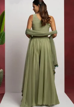 Hand Embroidered Georgette Crop Top Set in Dusty Green