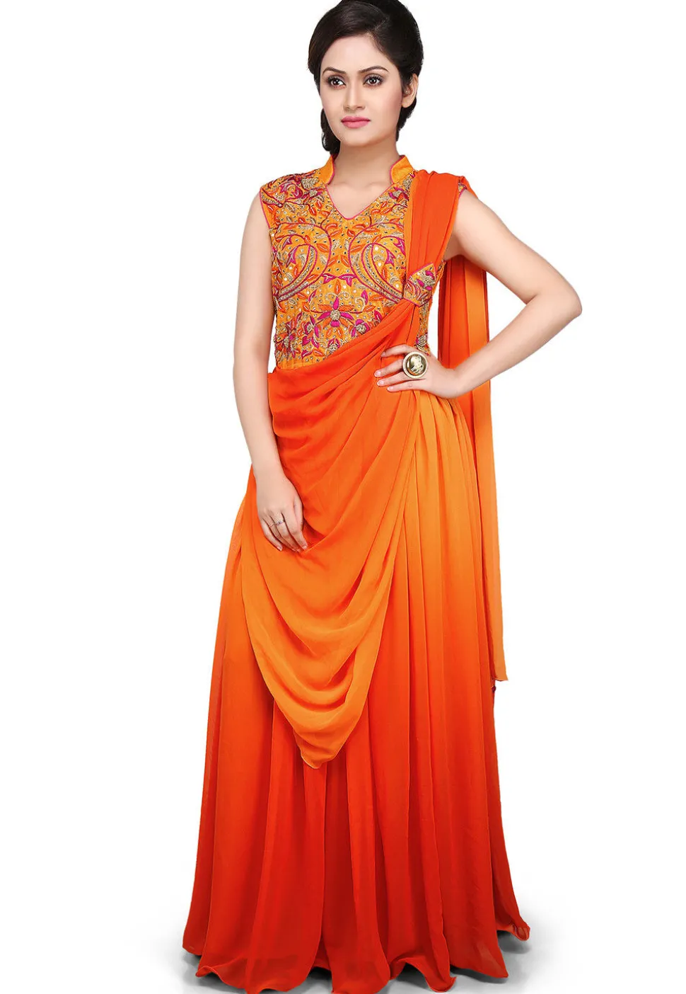 Hand Embroidered Georgette Saree Style Gown in Orange and Mustard