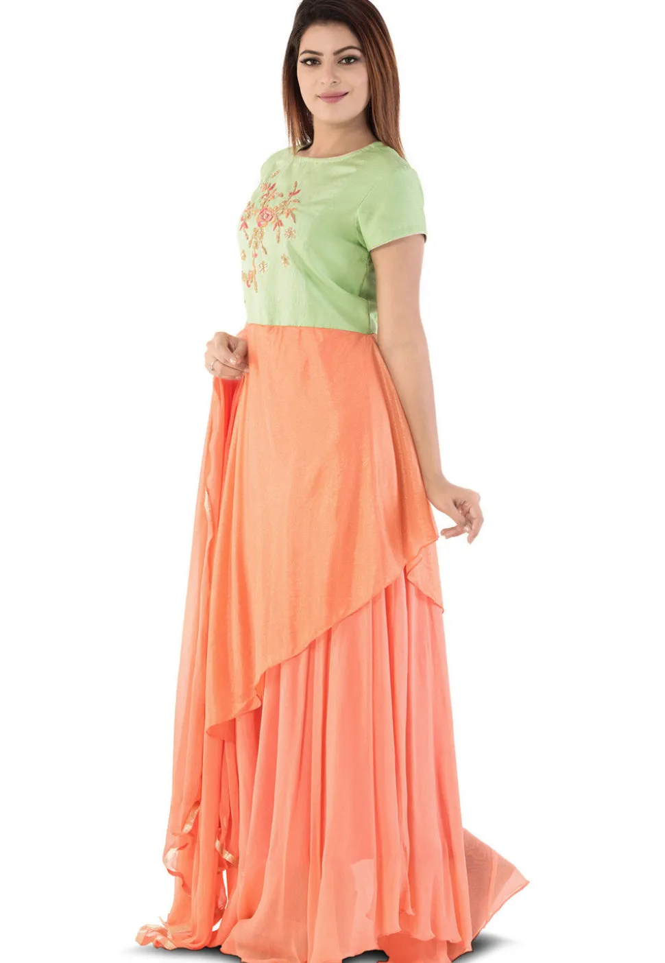 Hand Embroidered Georgette Abaya Style Suit in Orange and Green