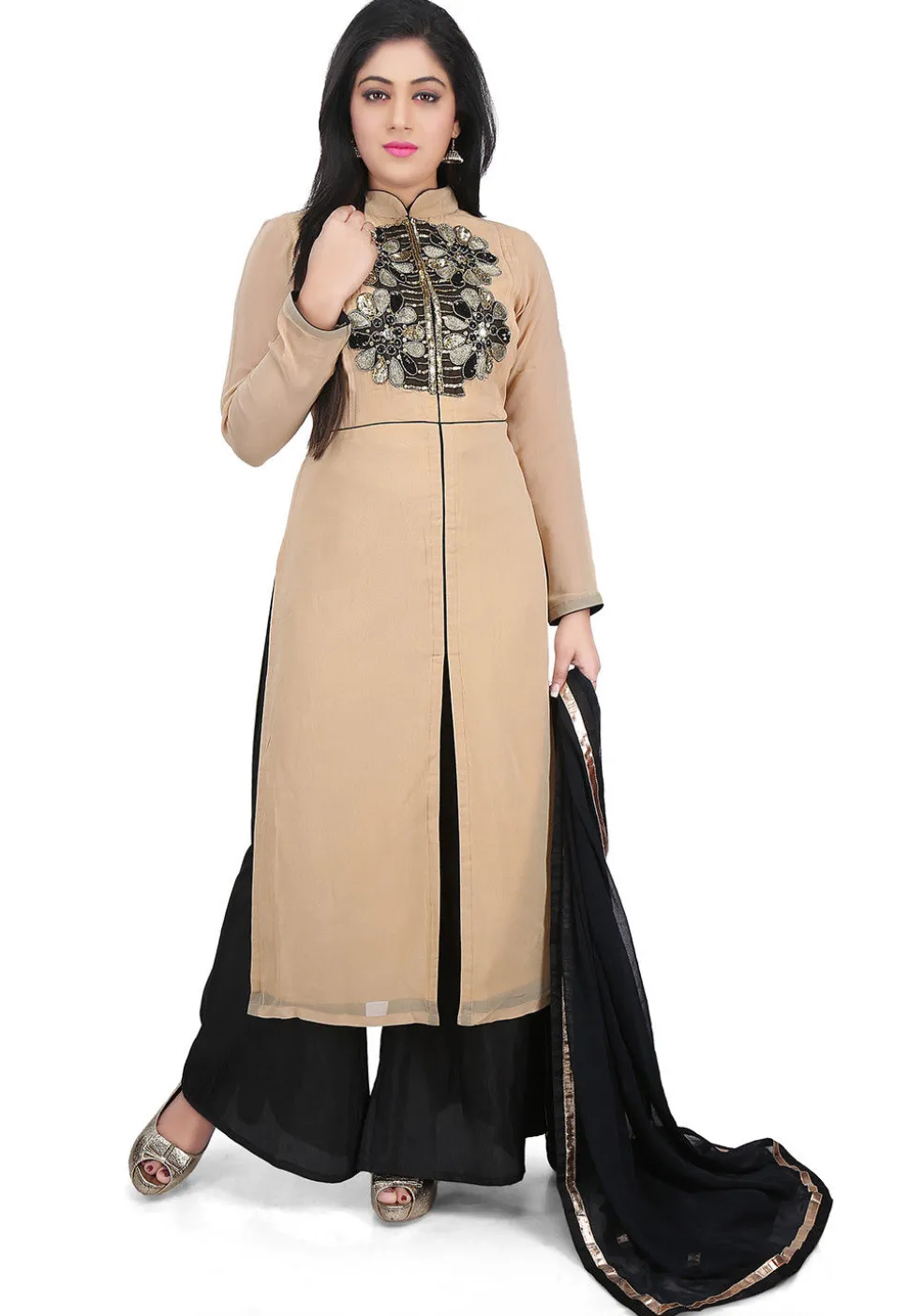 Hand Embroidered Georgette Front Slit Pakistani Suit in Beige