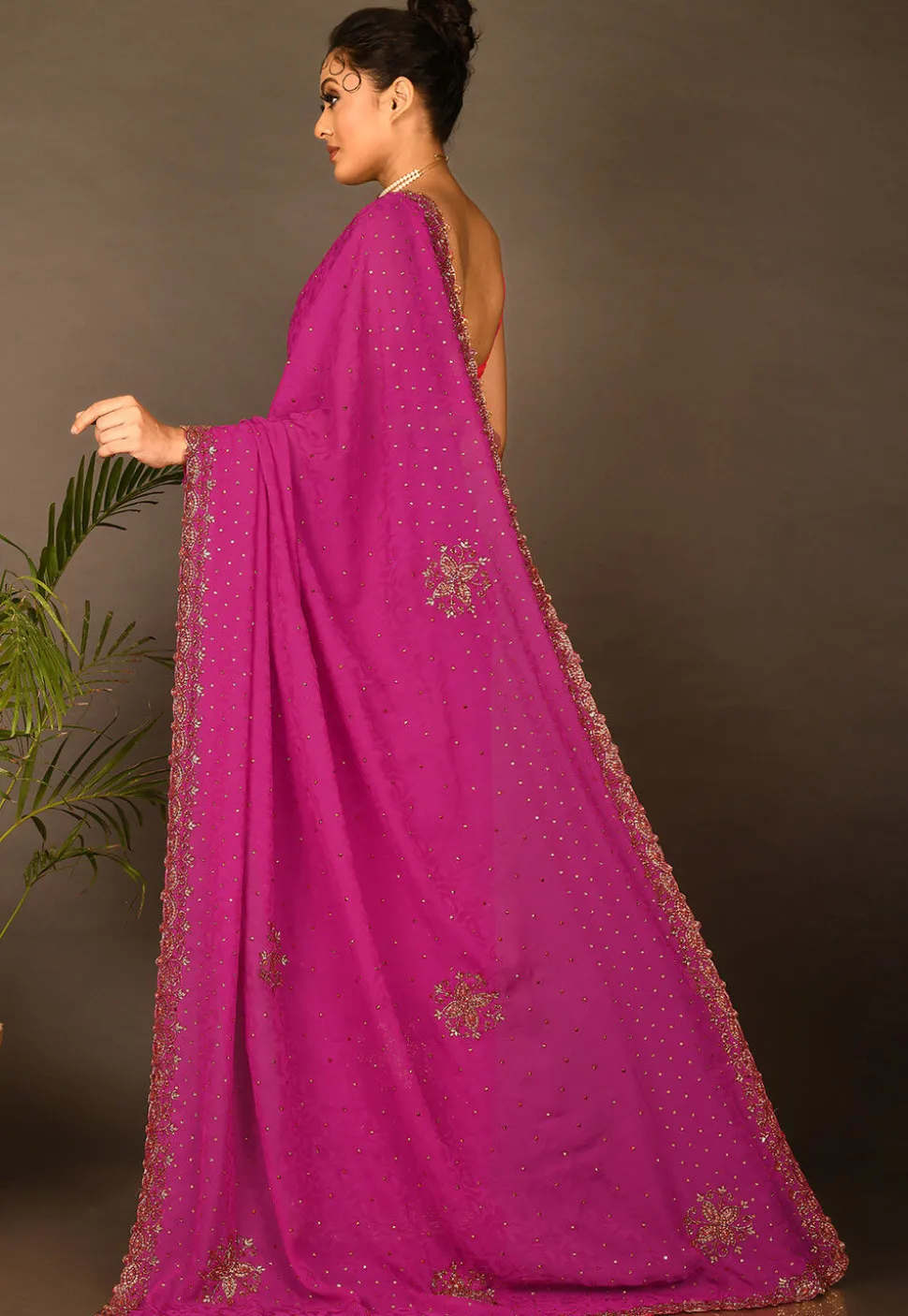 Hand Embroidered Georgette Saree in Fuchsia