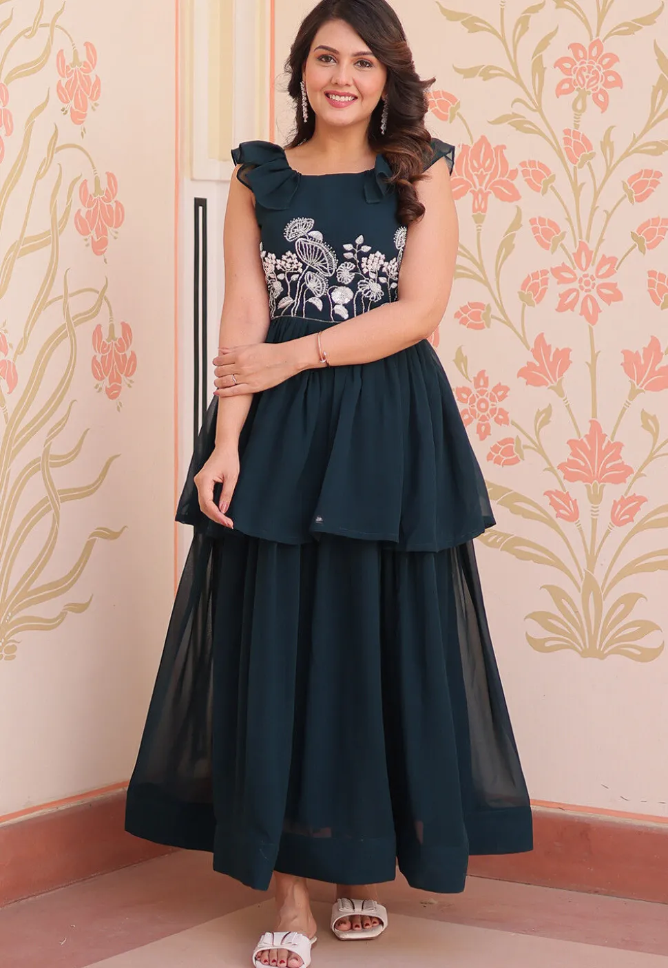 Hand Embroidered Georgette Layered Gown in Teal Blue